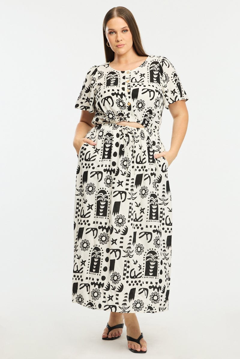 White Abstract Midi Dress Short Sleeve Cut Out Linen Blend for YouandAll Fashion