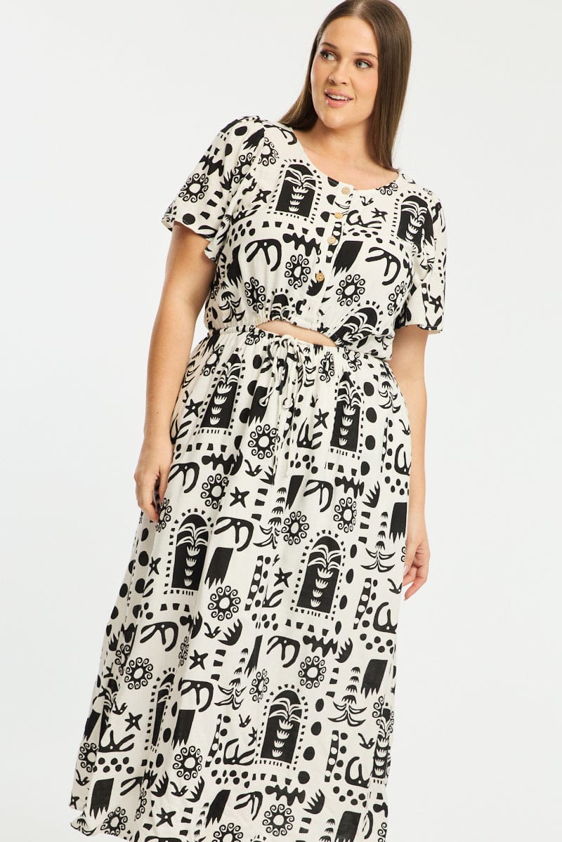 White Abstract Midi Dress Short Sleeve Cut Out Linen Blend for YouandAll Fashion