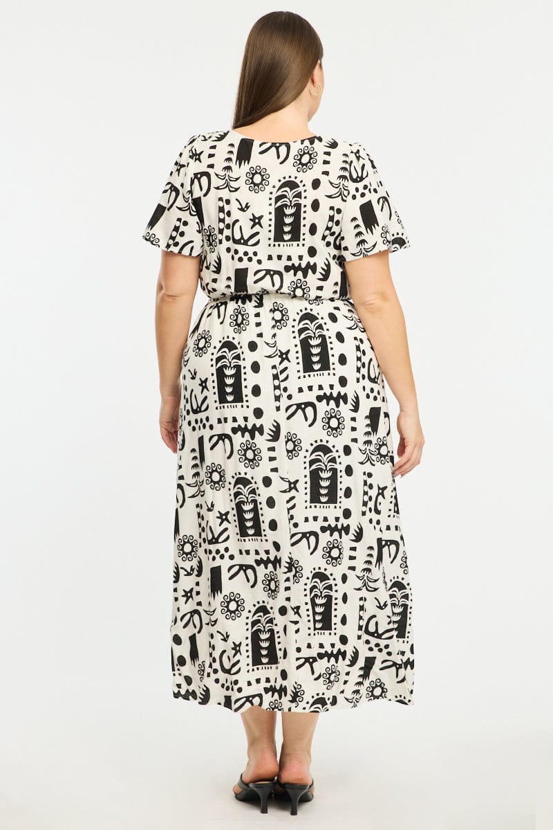 White Abstract Midi Dress Short Sleeve Cut Out Linen Blend for YouandAll Fashion