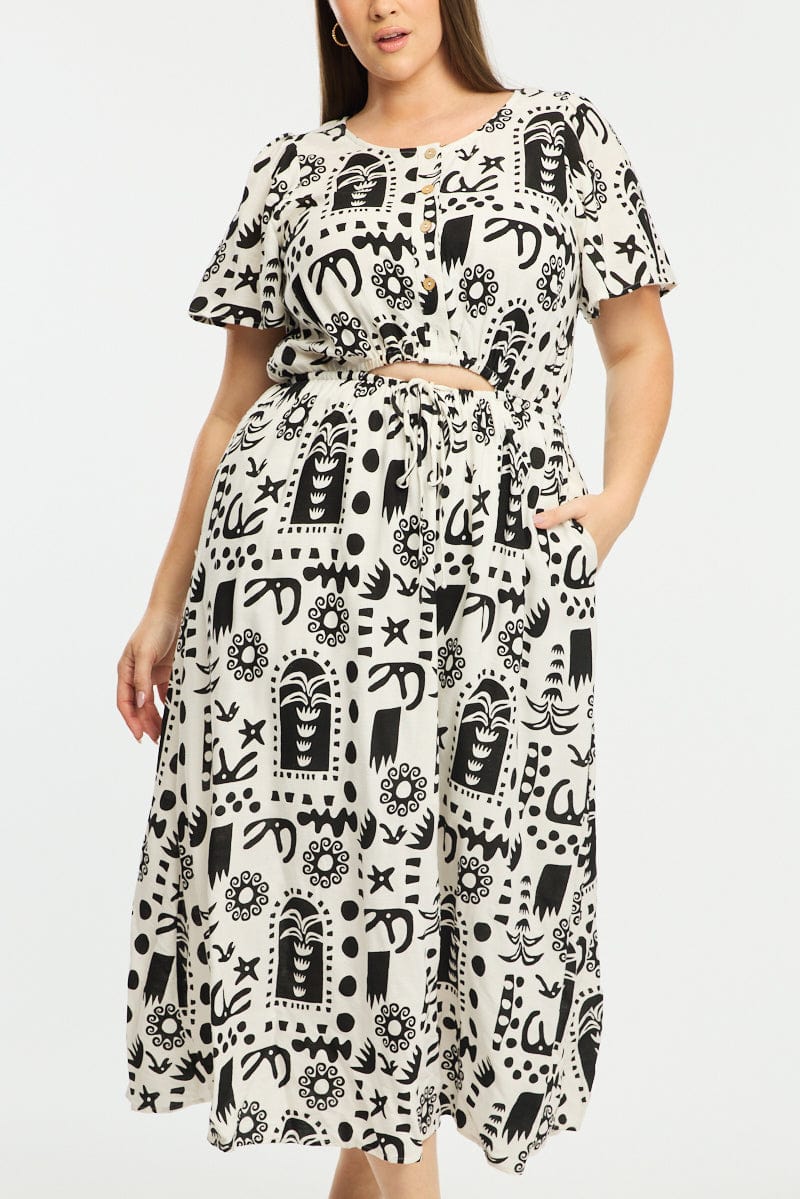 White Abstract Midi Dress Short Sleeve Cut Out Linen Blend for YouandAll Fashion
