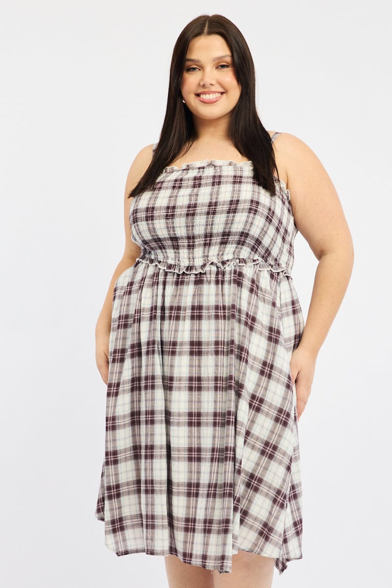 Red Check Midi Dress Sleeveless Shirred for YouandAll Fashion