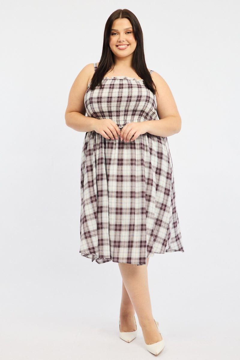 Red Check Midi Dress Sleeveless Shirred for YouandAll Fashion