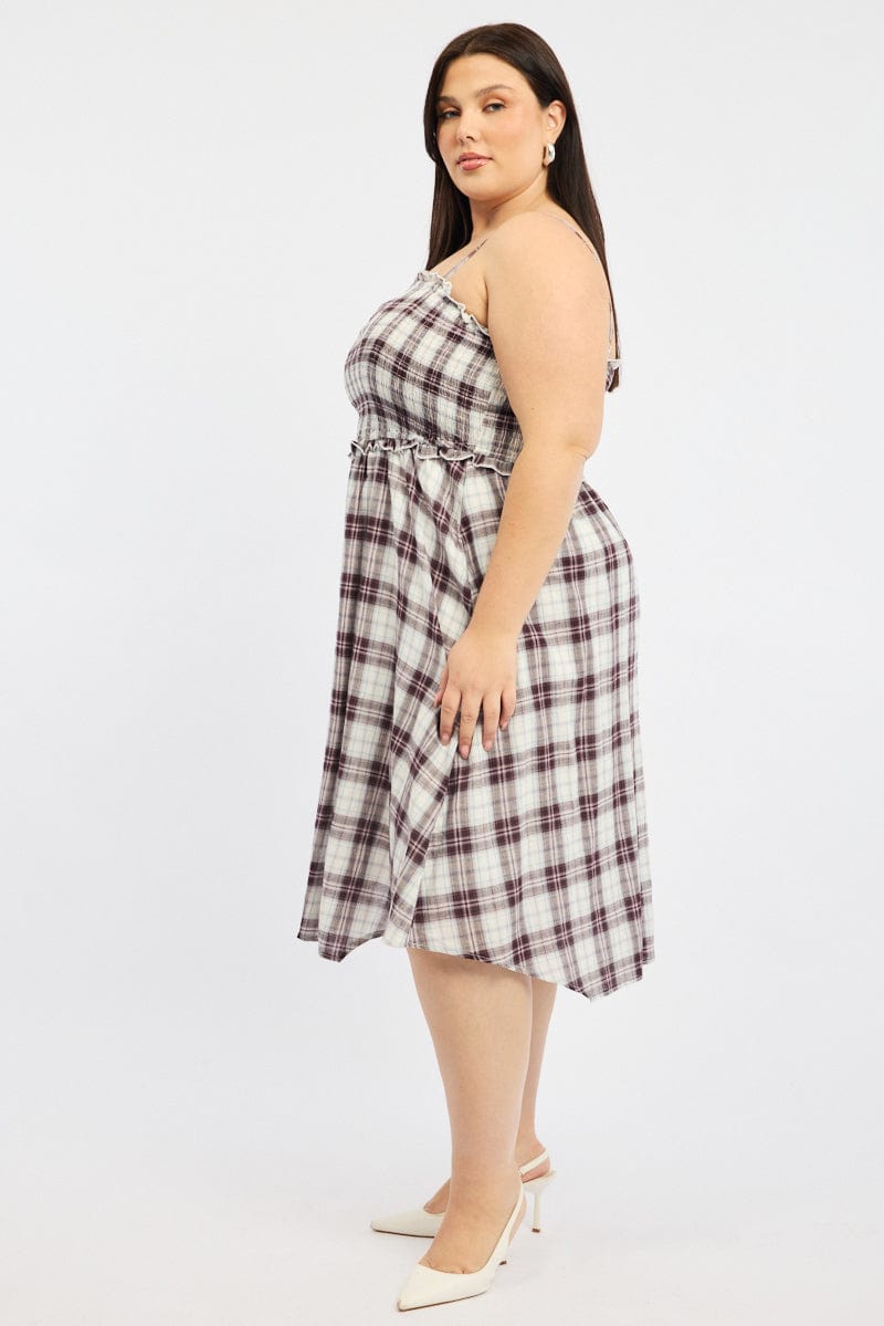 Red Check Midi Dress Sleeveless Shirred for YouandAll Fashion