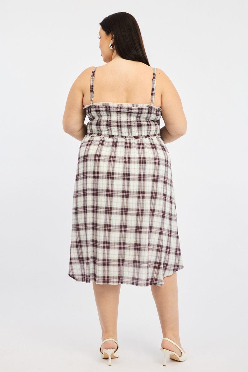 Red Check Midi Dress Sleeveless Shirred for YouandAll Fashion