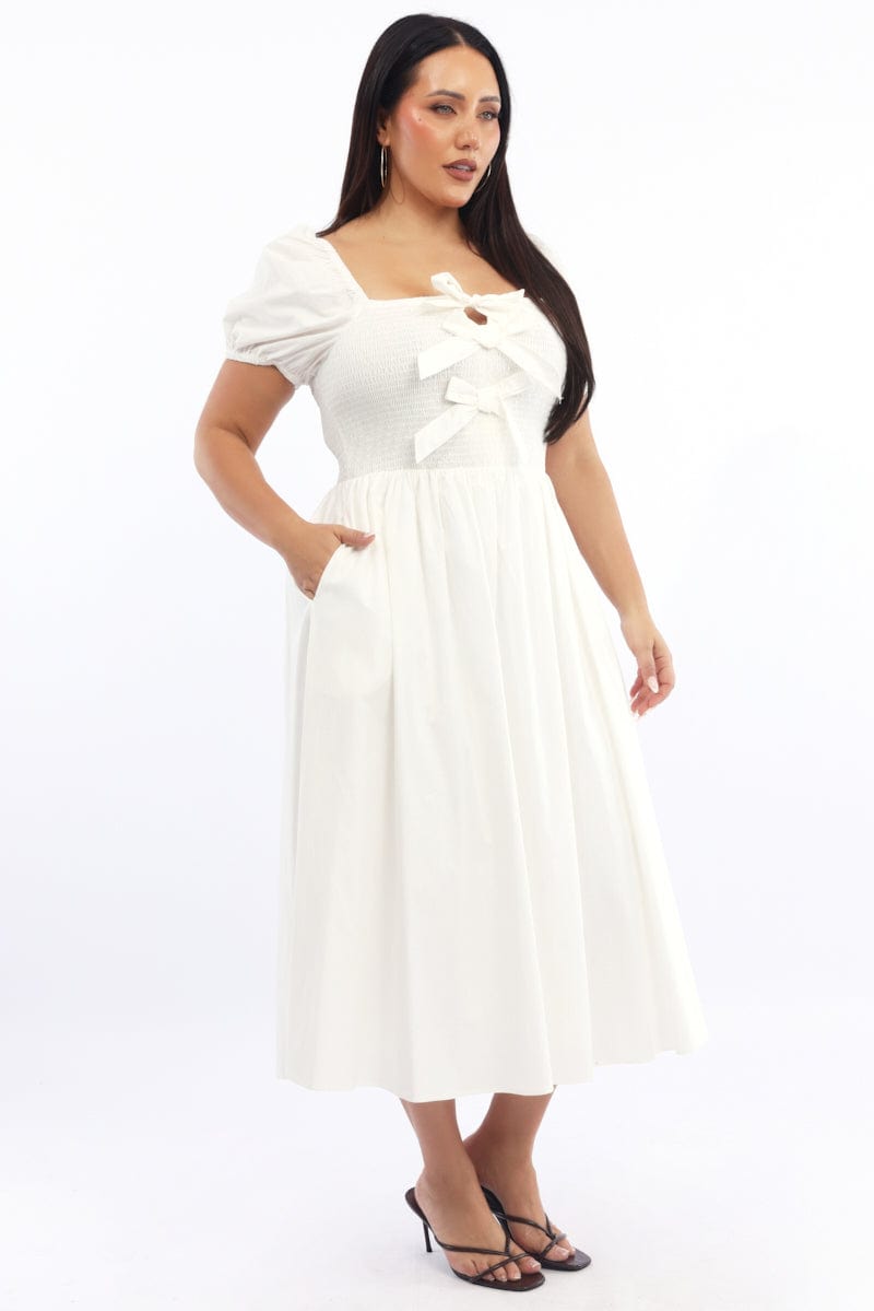 short sleeve white midi dress White Midi Dress Short Sleeve Shirred Body Ribbon Front