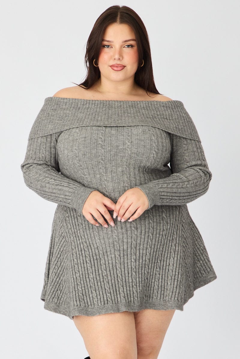 Grey Off Shoulder Long Sleeve Cable Knit Mini Dress | You & All