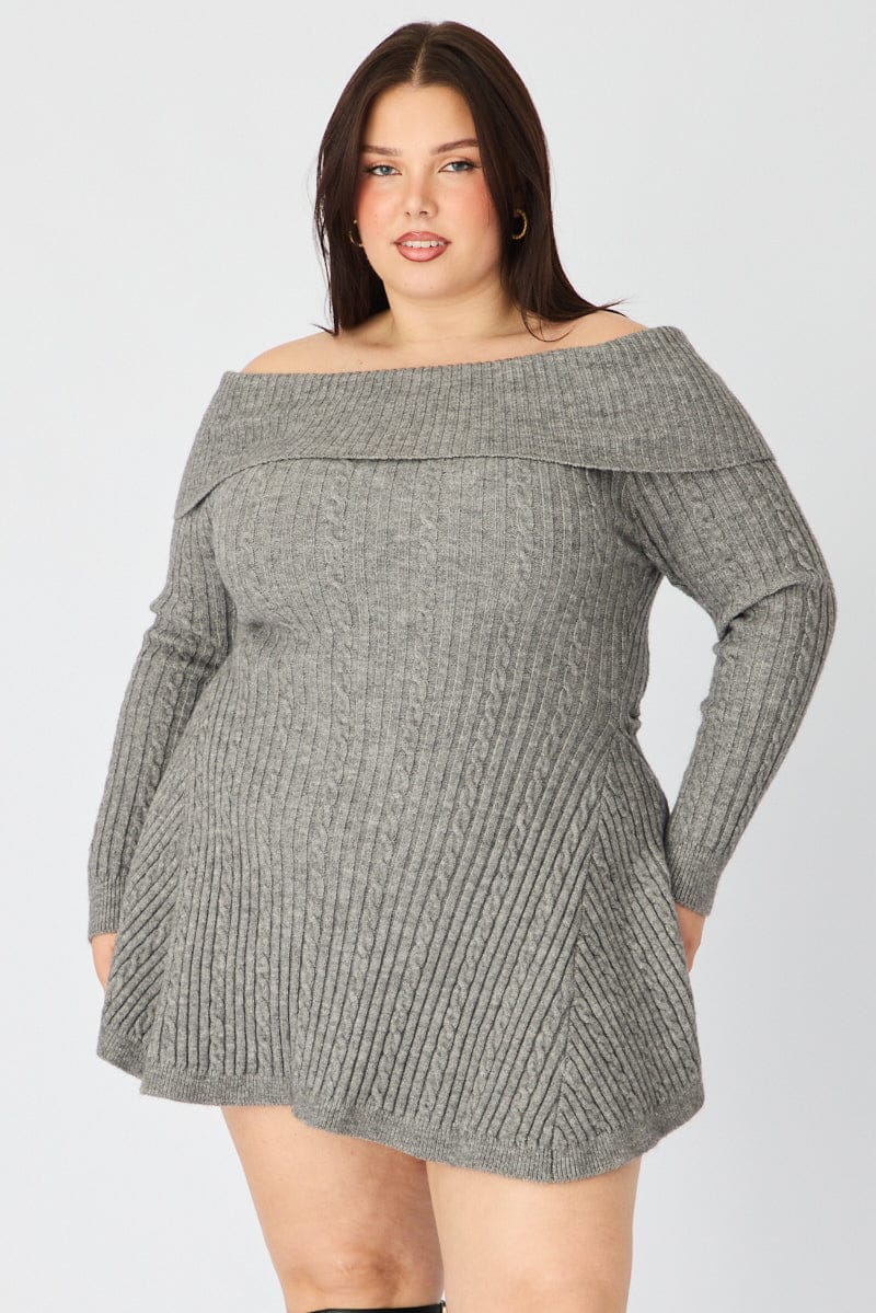 gray plus size mini dress Grey Off Shoulder Long Sleeve Cable Knit Mini Dress