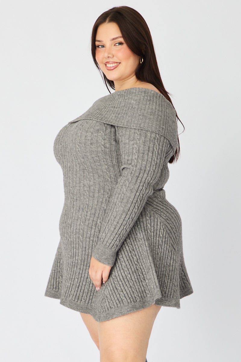 Grey Off Shoulder Long Sleeve Cable Knit Mini Dress for YouandAll Fashion