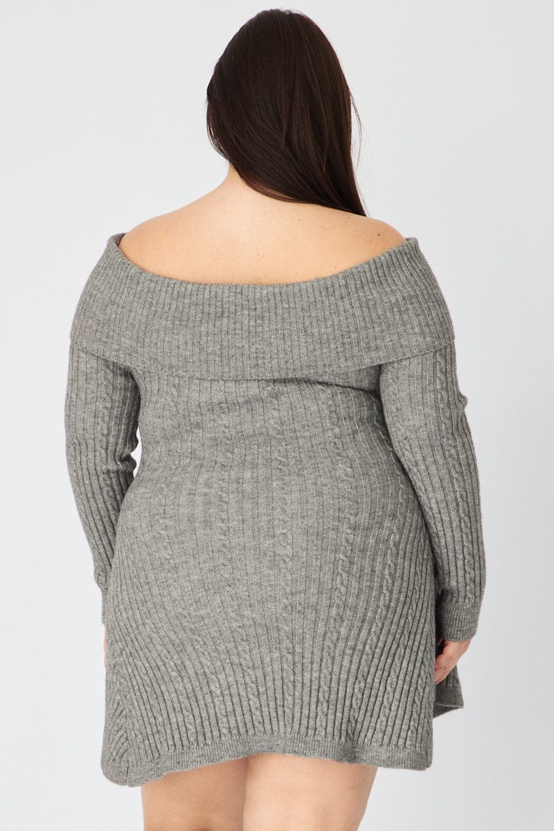 Grey Off Shoulder Long Sleeve Cable Knit Mini Dress | You & All