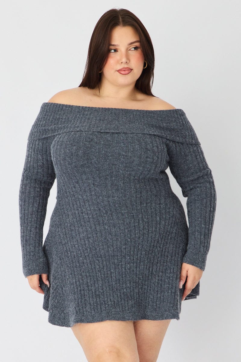 Grey Off Shoulder Long Sleeve Cable Knit Mini Dress