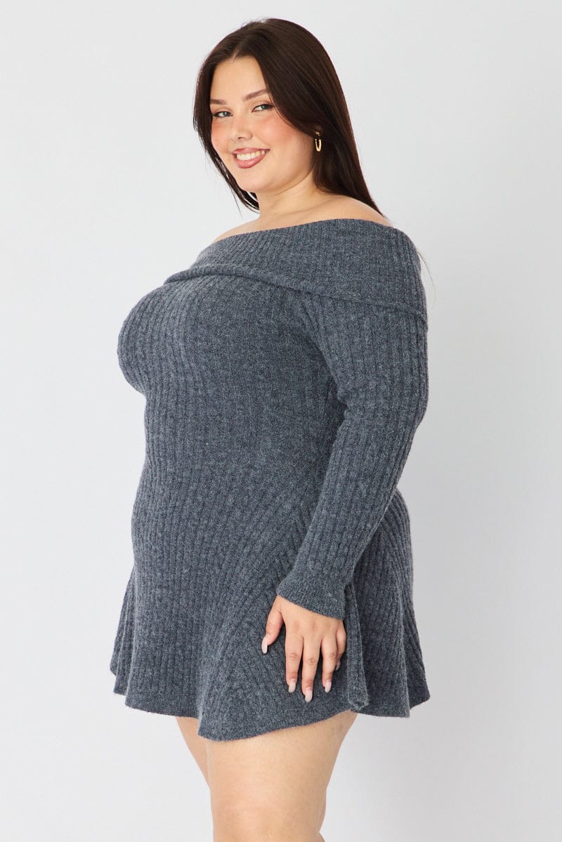 Grey Off Shoulder Long Sleeve Cable Knit Mini Dress for YouandAll Fashion