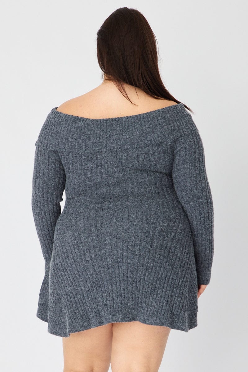 Grey Off Shoulder Long Sleeve Cable Knit Mini Dress for YouandAll Fashion