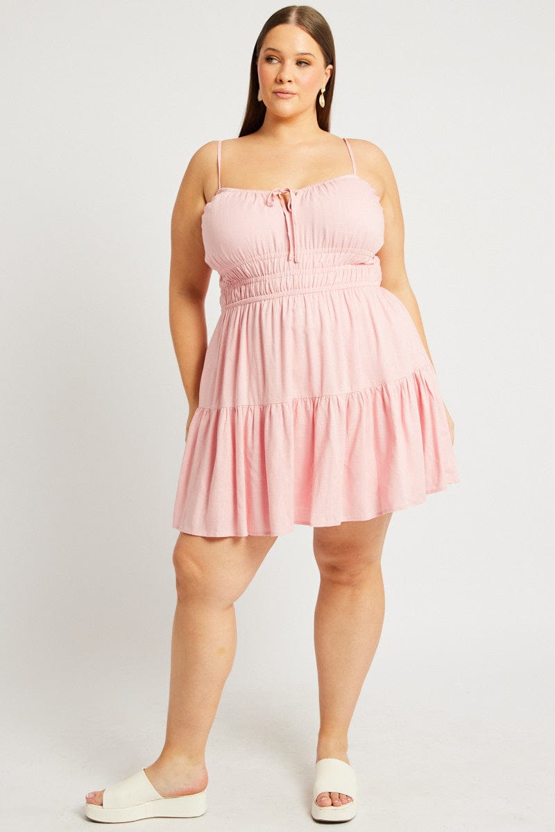 Pink Strappy Frill Hem Linen Blend Minidress for YouandAll Fashion