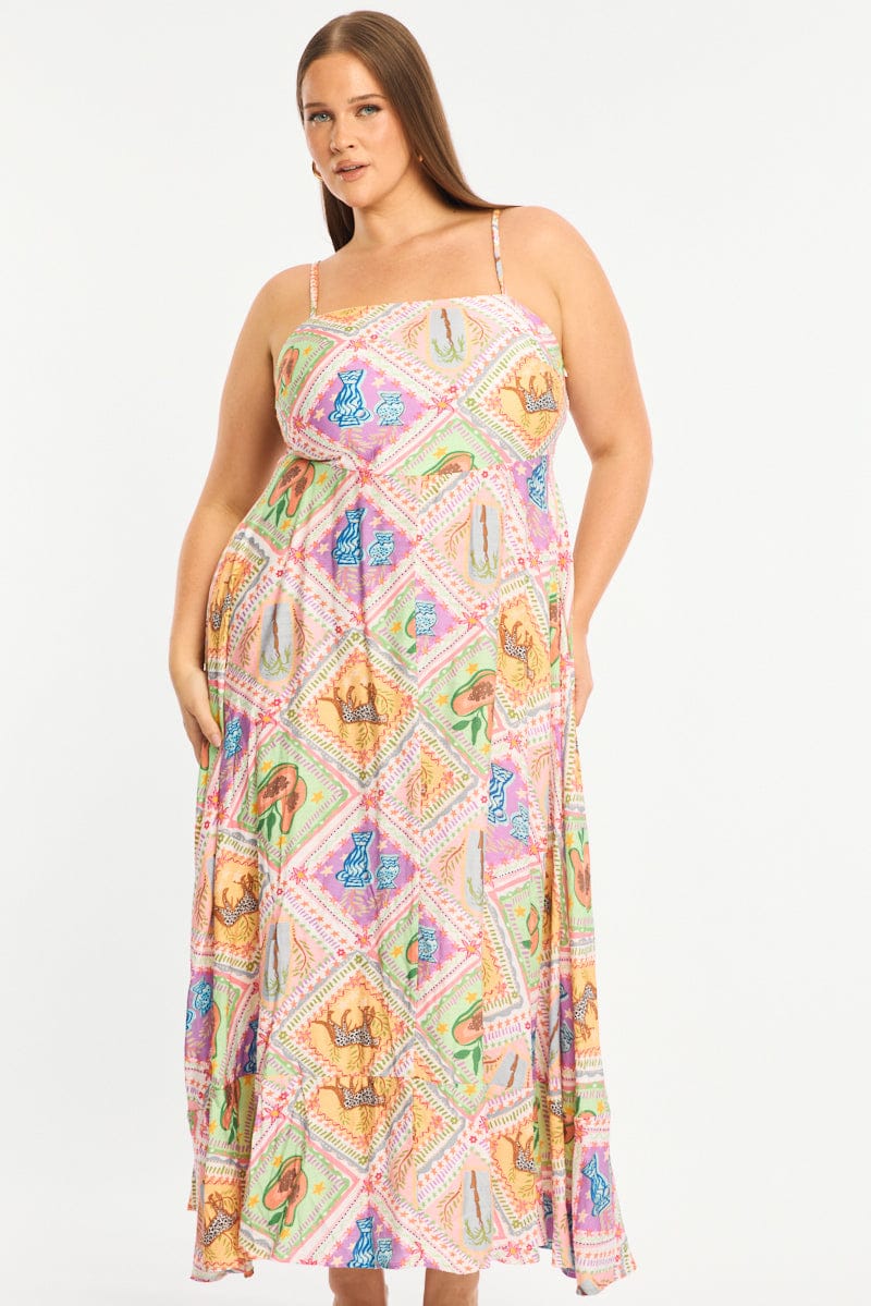 Multi Abstract Midi Dress Sleeveless for YouandAll Fashion
