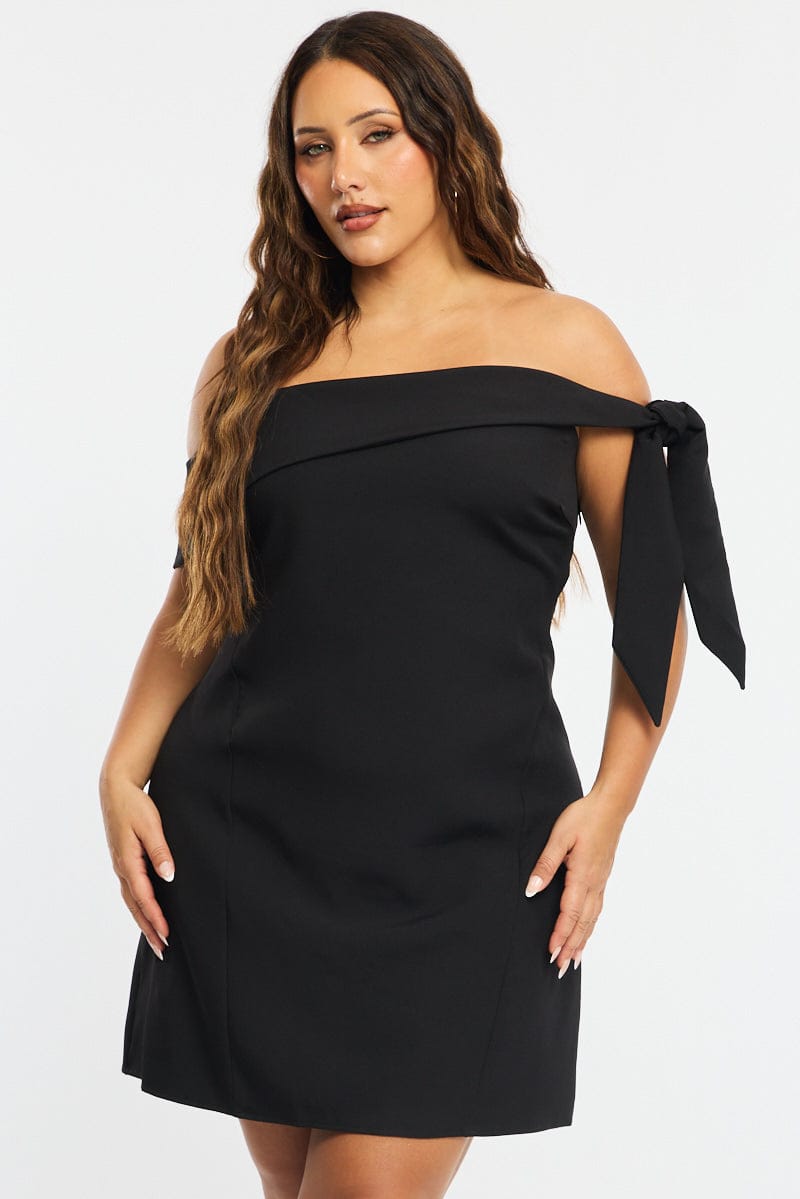 Black Mini Dress Off Shoulder Side Tie for YouandAll Fashion