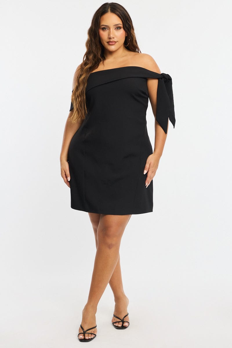Black Mini Dress Off Shoulder Side Tie for YouandAll Fashion