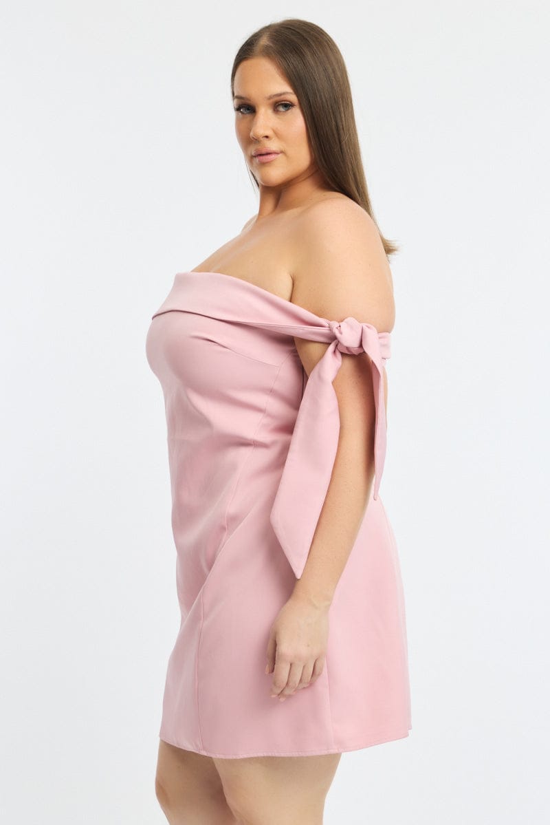 Pink Mini Dress Off Shoulder Side Tie for YouandAll Fashion