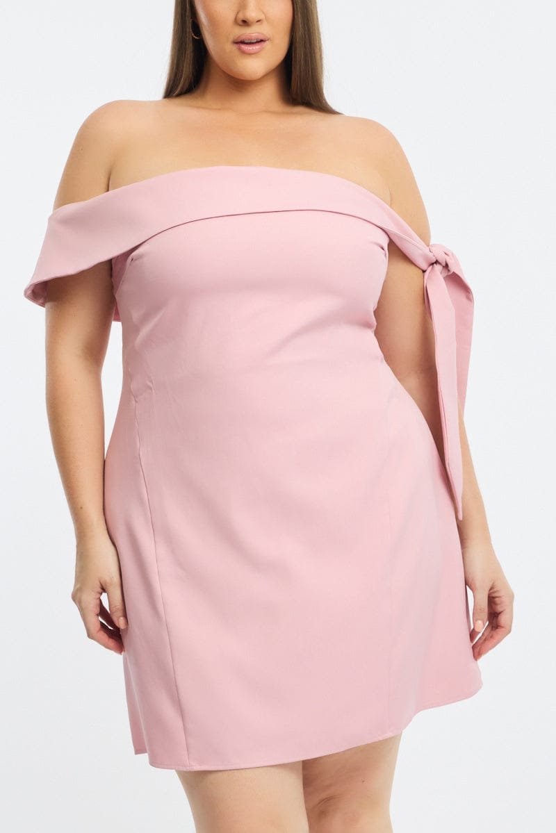 Pink Mini Dress Off Shoulder Side Tie for YouandAll Fashion