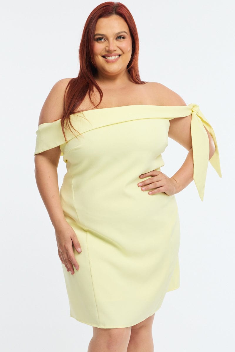 Yellow Mini Dress Off Shoulder Side Tie for YouandAll Fashion
