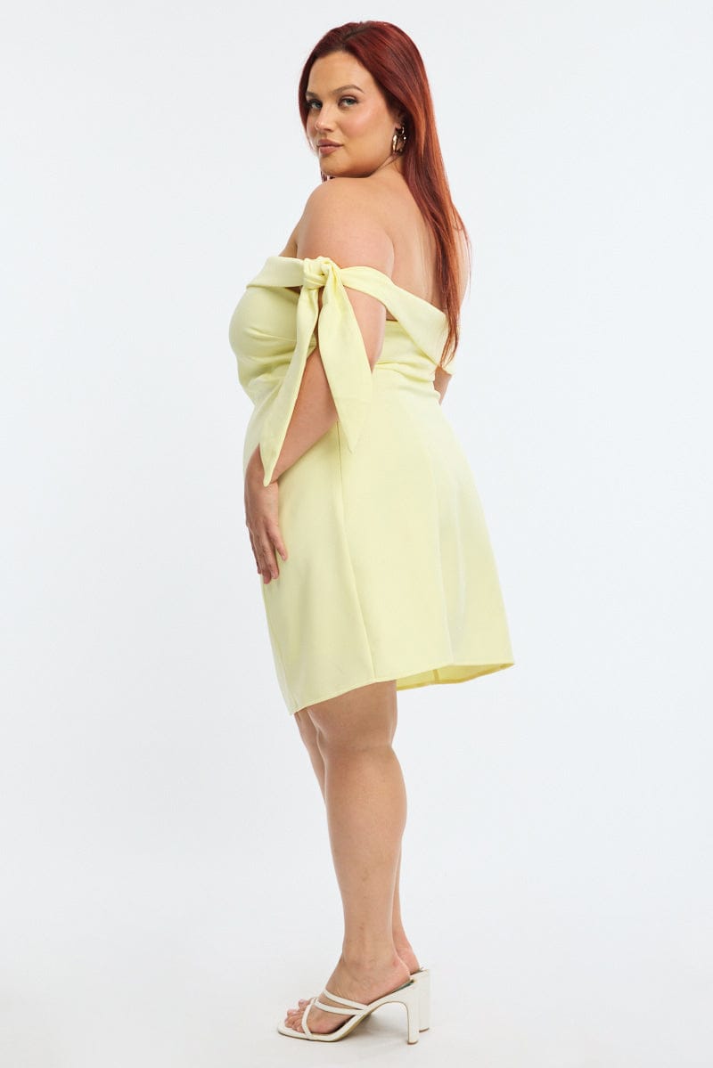 Yellow Mini Dress Off Shoulder Side Tie for YouandAll Fashion