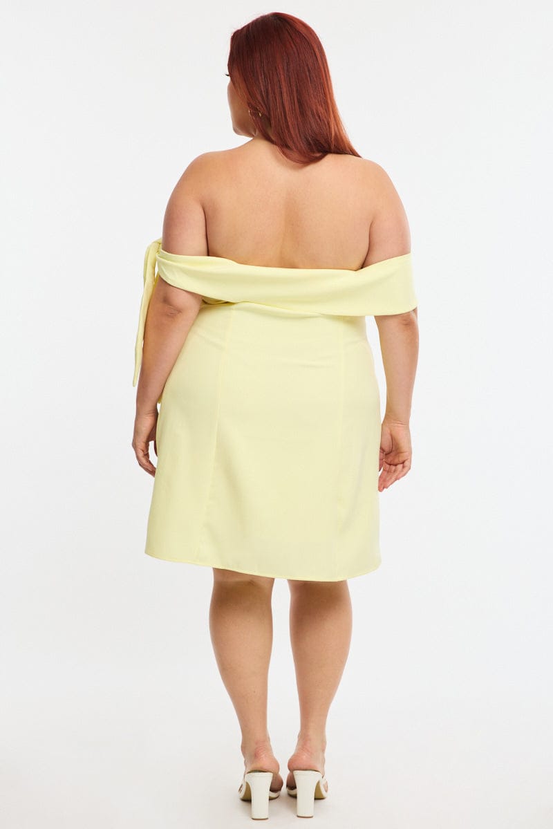 Yellow Mini Dress Off Shoulder Side Tie for YouandAll Fashion
