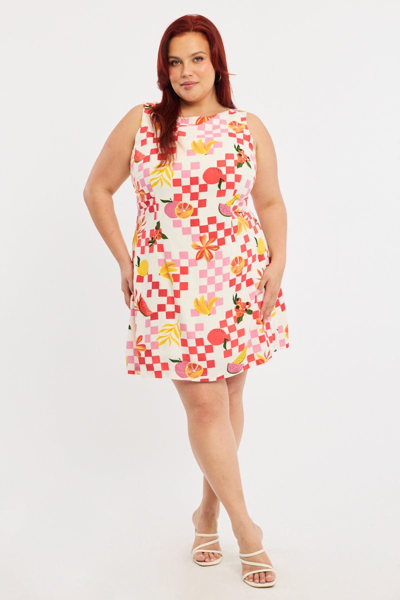 Orange Abstract Mini Dress Sleeveless Linen Blend for YouandAll Fashion