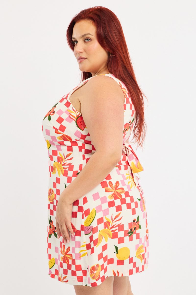 Orange Abstract Mini Dress Sleeveless Linen Blend for YouandAll Fashion