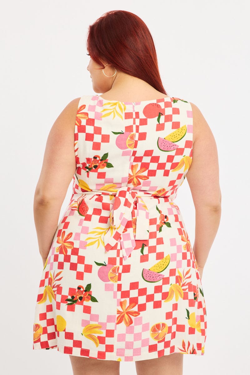 Orange Abstract Mini Dress Sleeveless Linen Blend for YouandAll Fashion