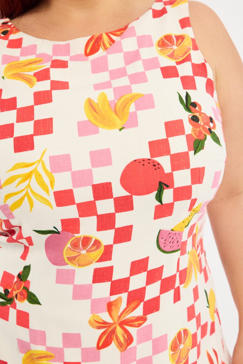 Orange Abstract Mini Dress Sleeveless Linen Blend for YouandAll Fashion