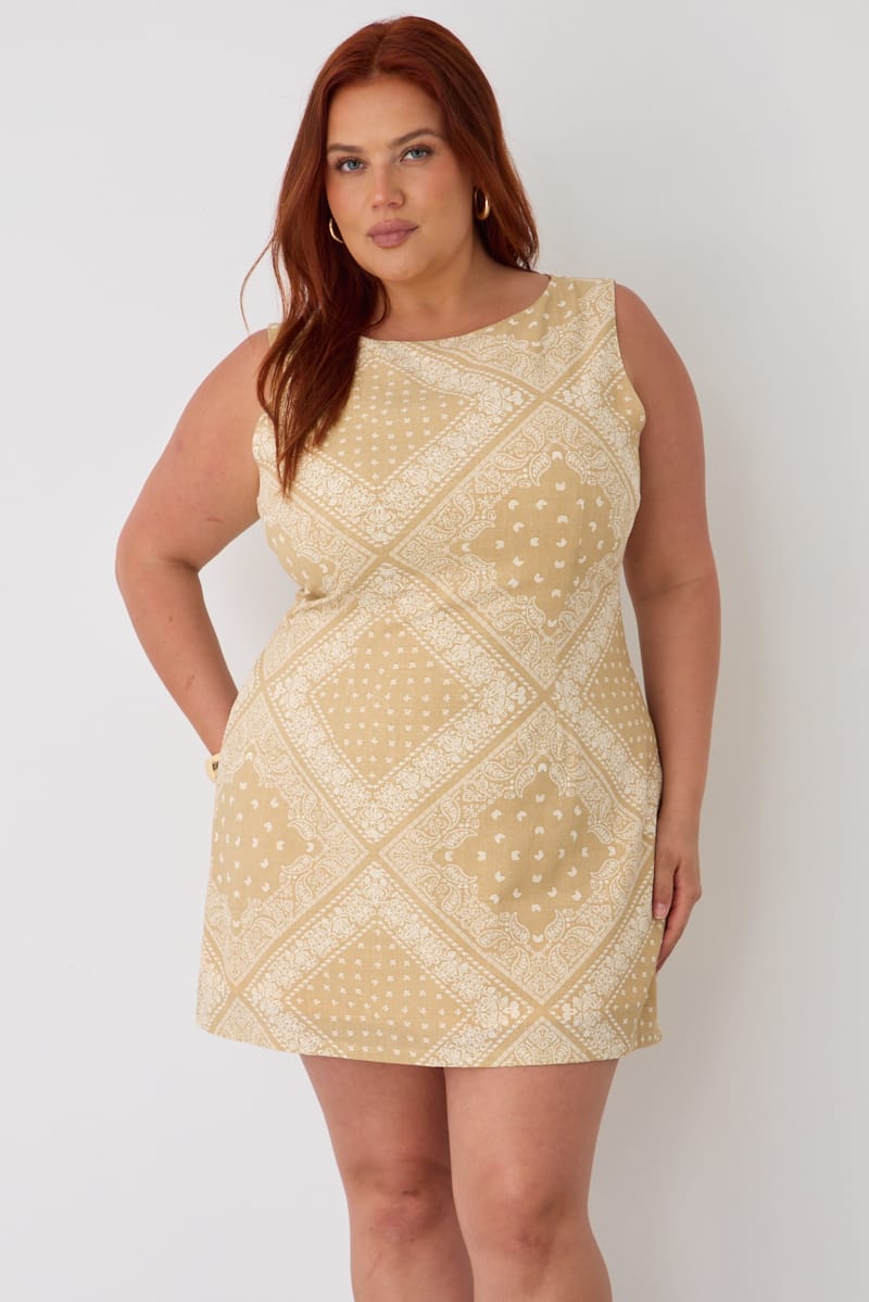 Beige Boho Mini Dress Sleeveless Tie Back for YouandAll Fashion