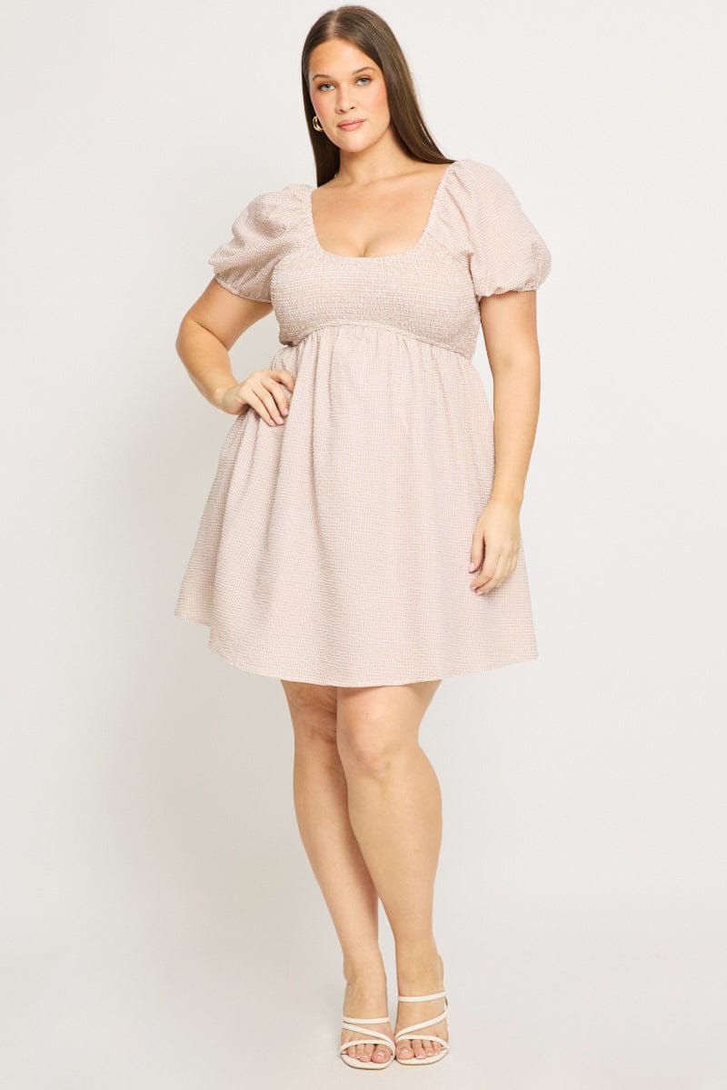 Beige Check Skater Dress Short Sleeve Shirred Bust for YouandAll Fashion