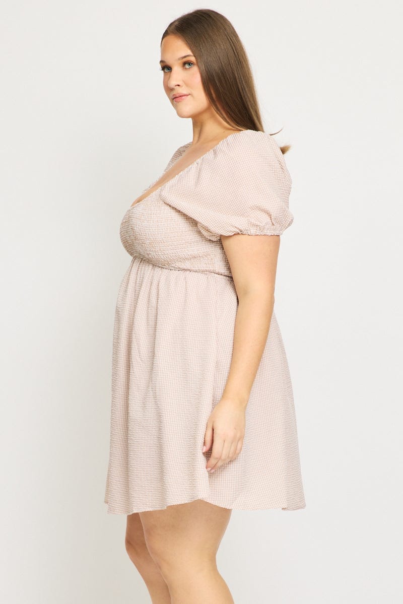 Beige Check Skater Dress Short Sleeve Shirred Bust for YouandAll Fashion