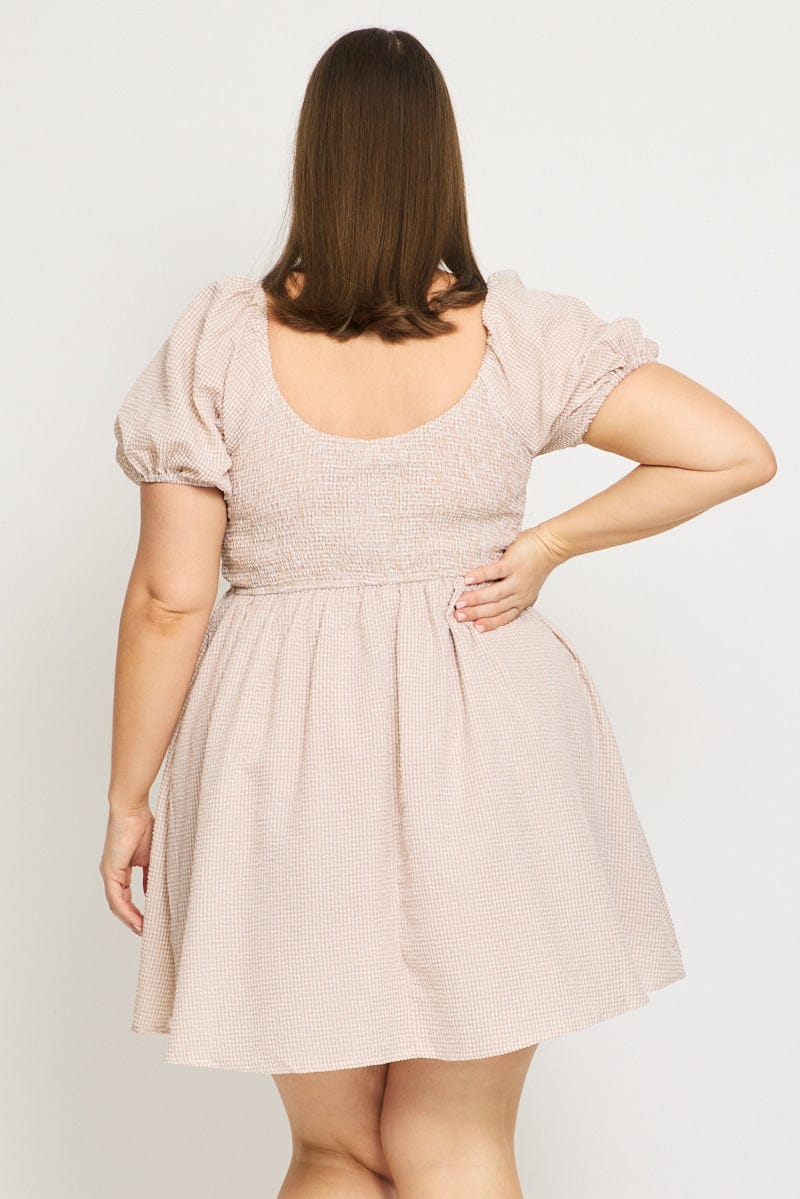 Beige Check Skater Dress Short Sleeve Shirred Bust