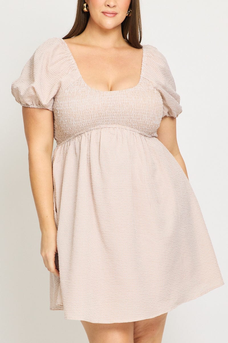 Beige Check Skater Dress Short Sleeve Shirred Bust for YouandAll Fashion