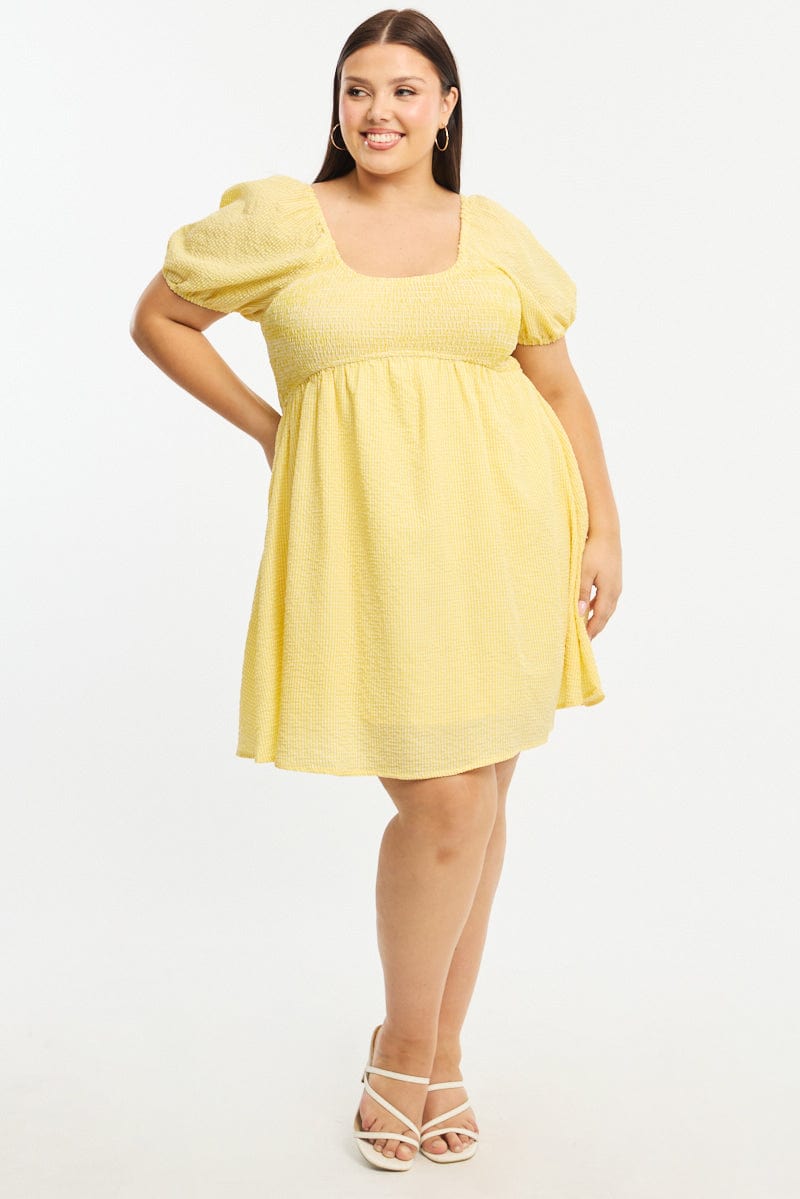 Blue Check Skater Dress Short Sleeve Shirred Bust for YouandAll Fashion