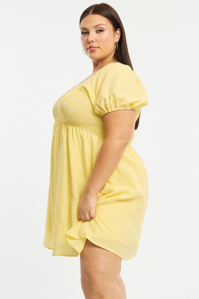 Blue Check Skater Dress Short Sleeve Shirred Bust for YouandAll Fashion