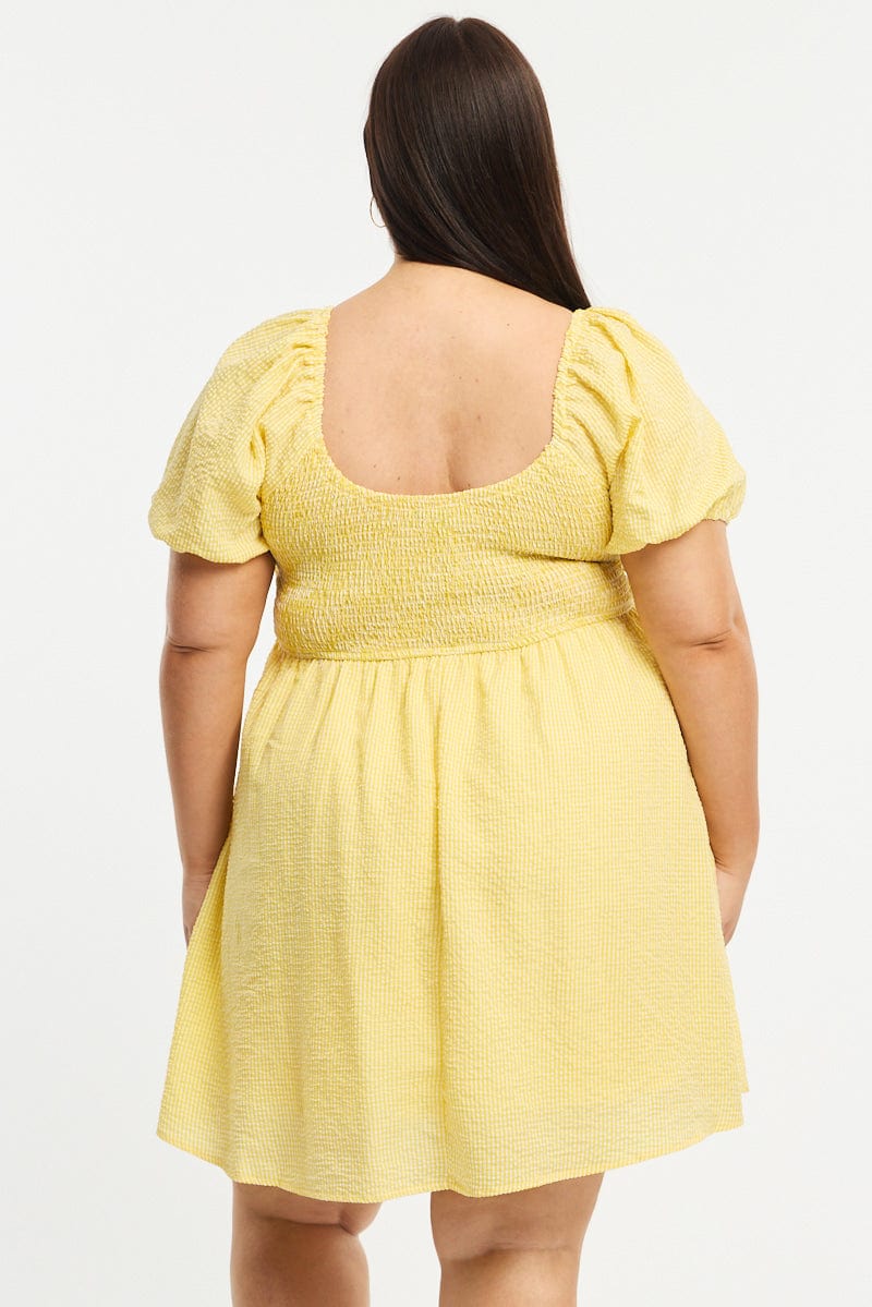 Blue Check Skater Dress Short Sleeve Shirred Bust for YouandAll Fashion