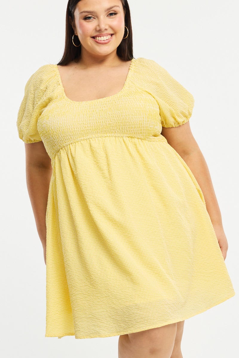 Blue Check Skater Dress Short Sleeve Shirred Bust for YouandAll Fashion