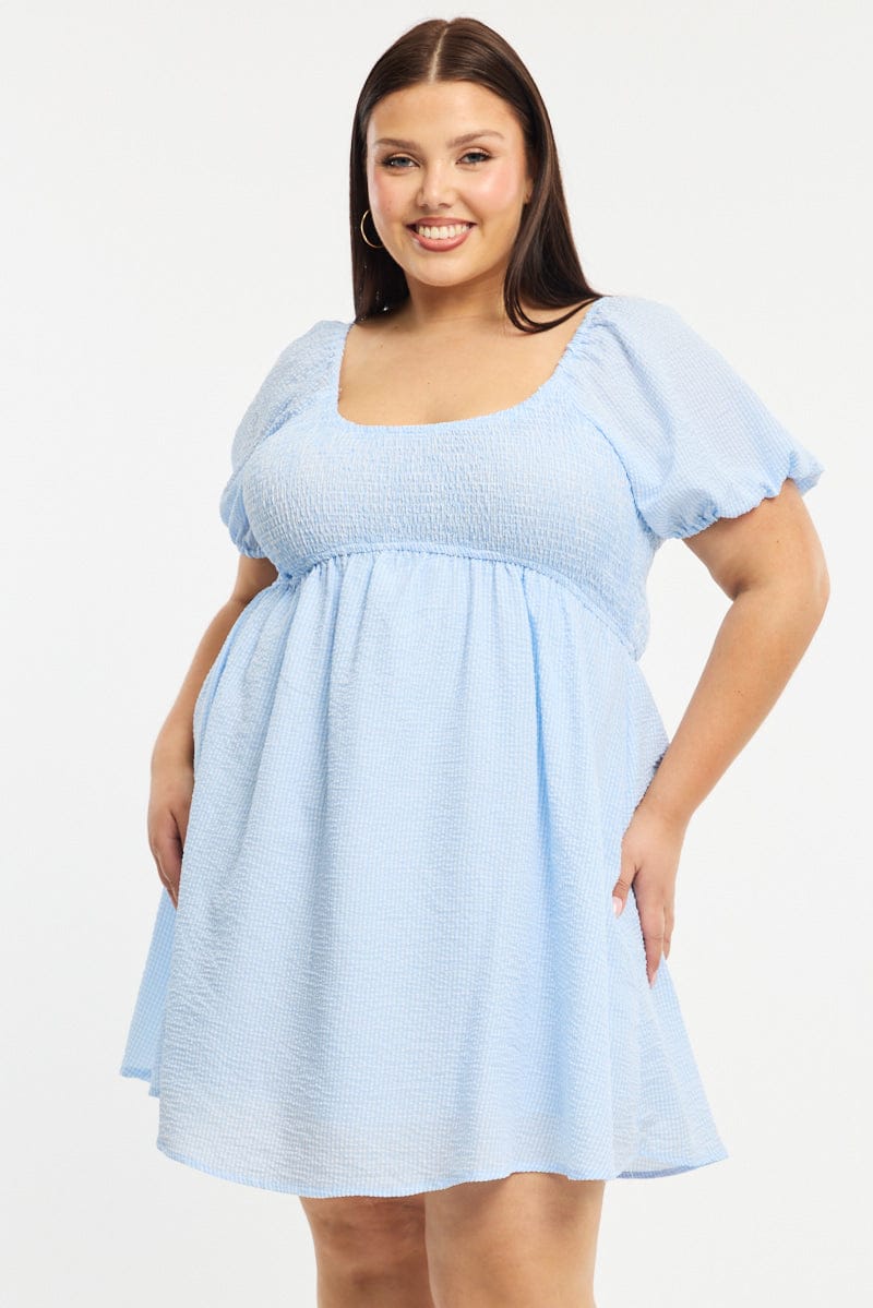 Blue Check Skater Dress Short Sleeve Shirred Bust for YouandAll Fashion