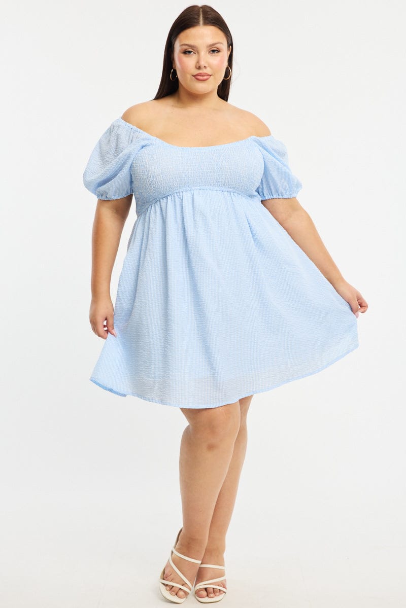Blue Check Skater Dress Short Sleeve Shirred Bust for YouandAll Fashion