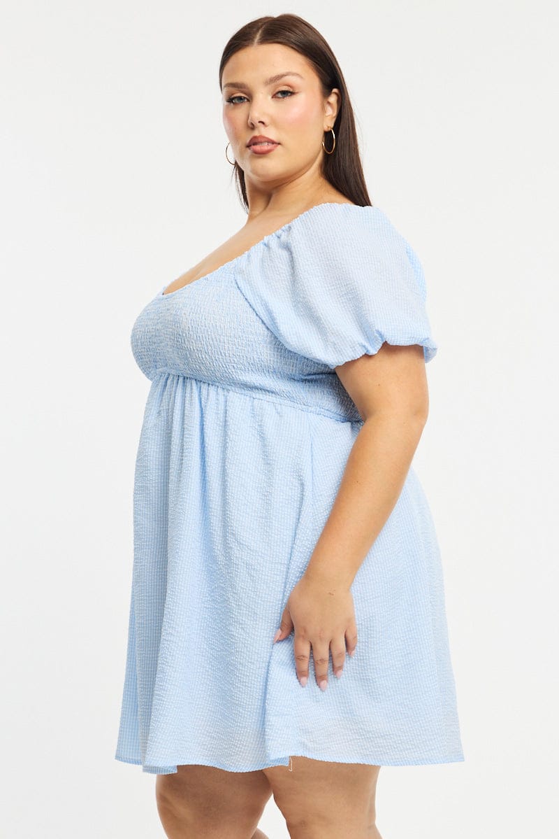 Blue Check Skater Dress Short Sleeve Shirred Bust for YouandAll Fashion