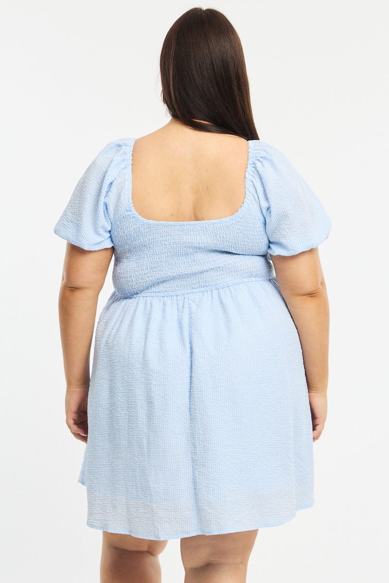 Blue Check Skater Dress Short Sleeve Shirred Bust for YouandAll Fashion