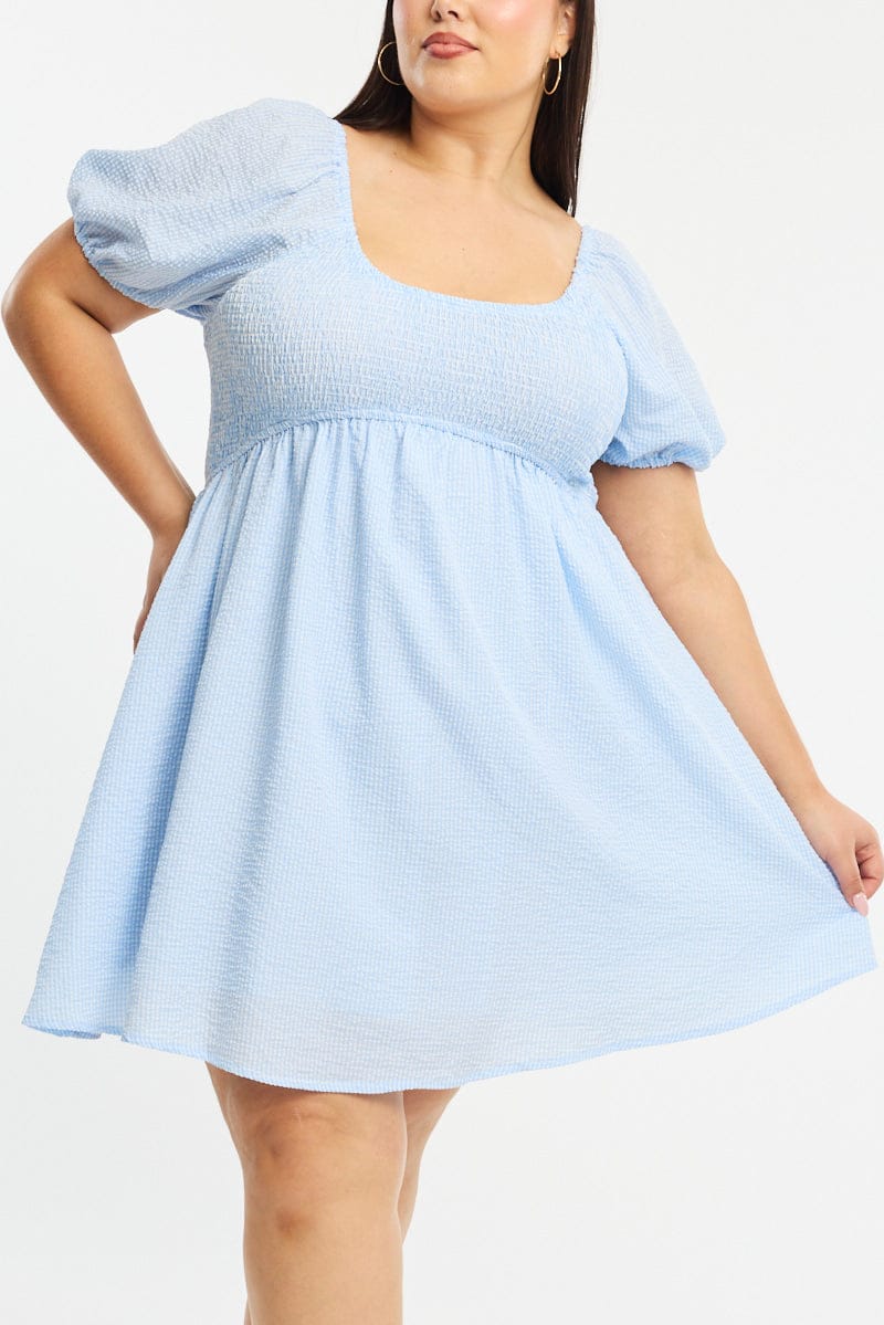 Blue Check Skater Dress Short Sleeve Shirred Bust for YouandAll Fashion