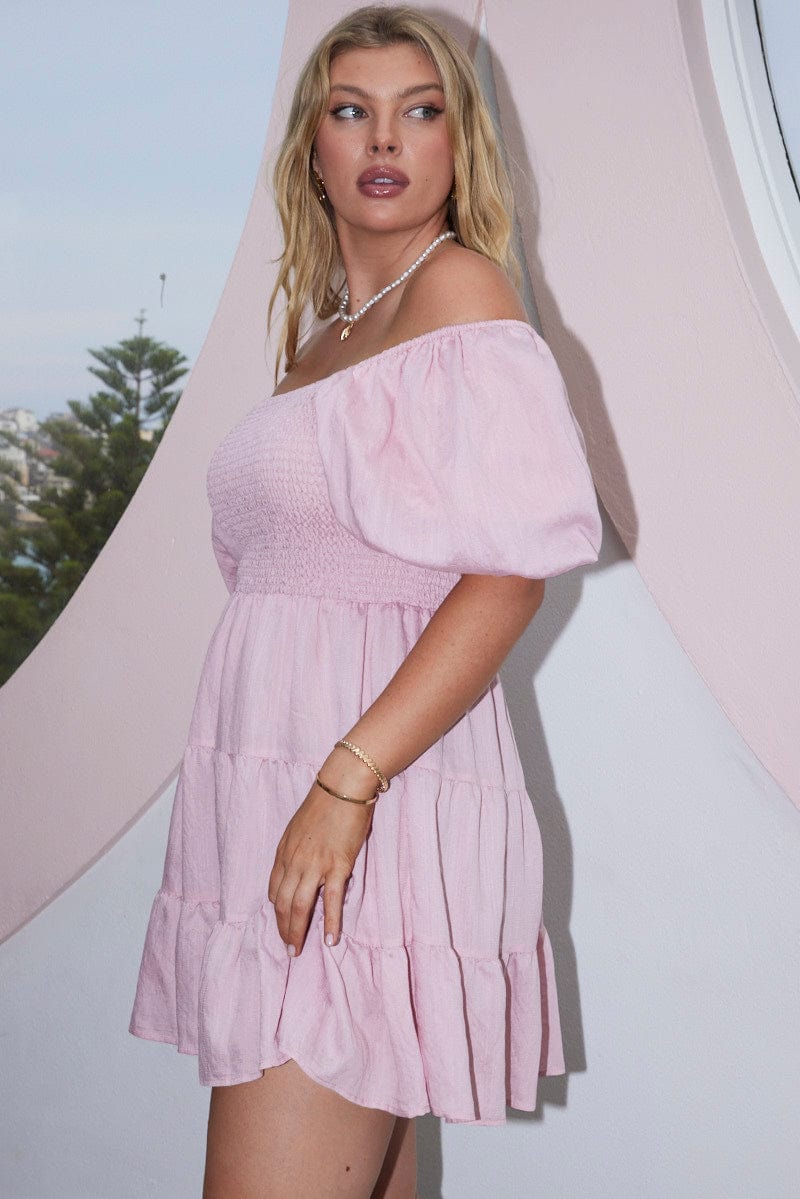 Pink Puff Sleeve Mini Shirred Dress