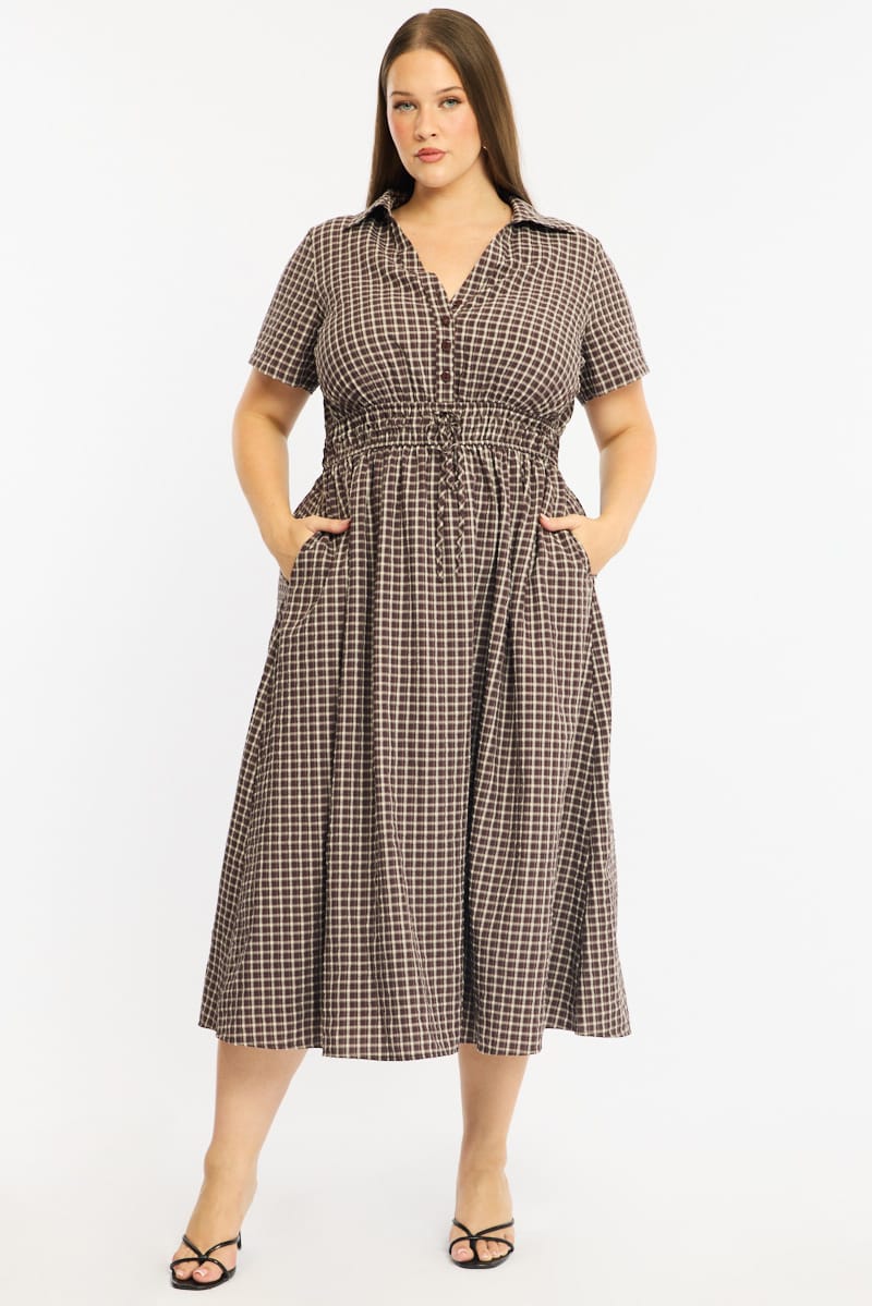 Brown Check Midi Dress Short Sleeve Shirt Detailed for YouandAll Fashion