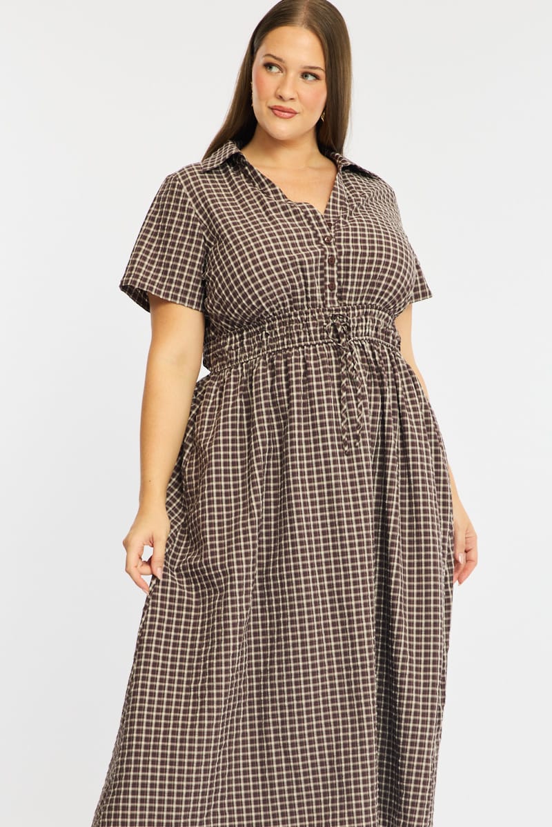 Brown Check Midi Dress Short Sleeve Shirt Detailed for YouandAll Fashion