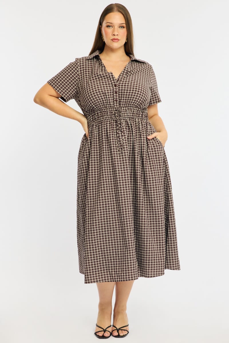 Brown Check Midi Dress Short Sleeve Shirt Detailed for YouandAll Fashion