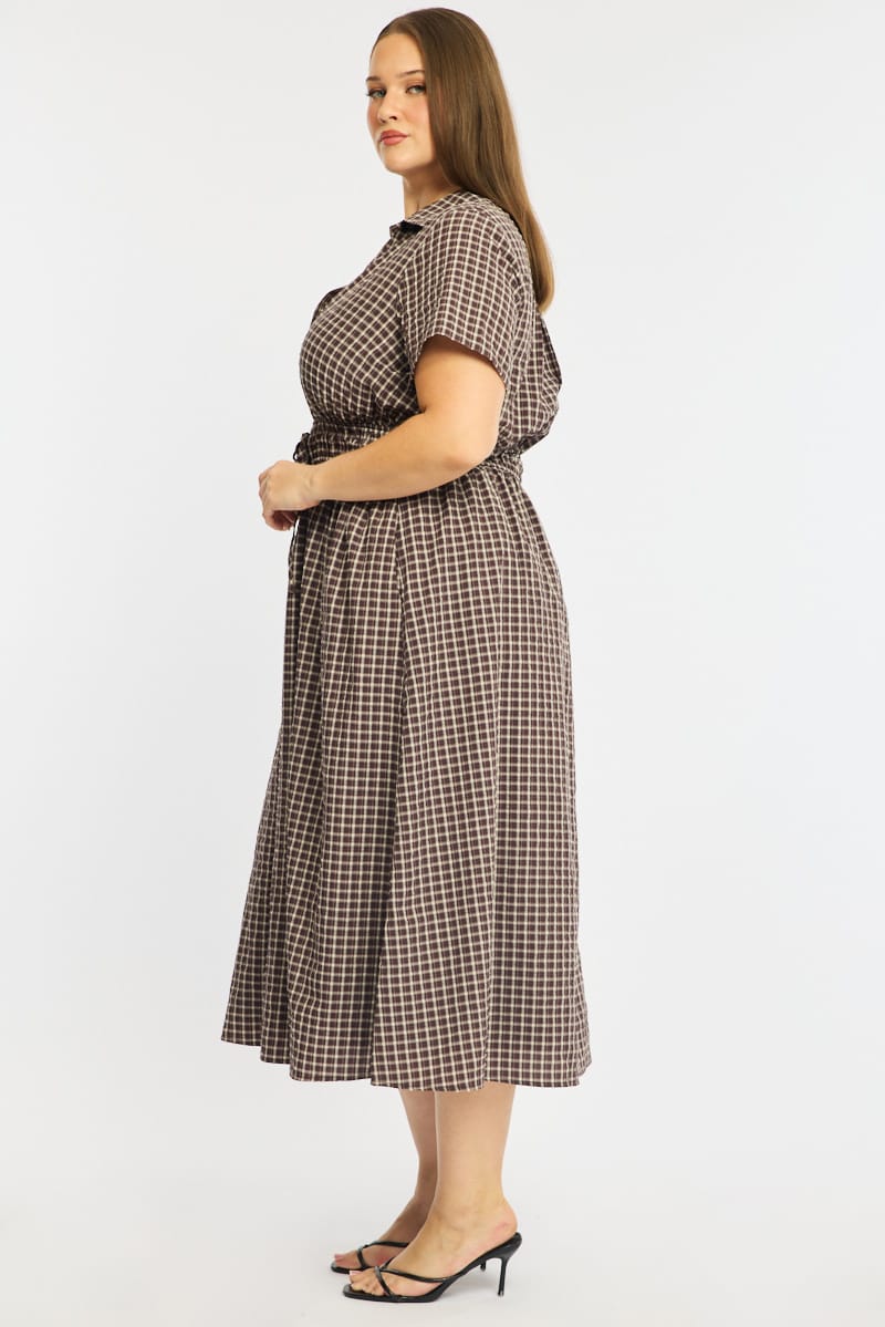 Brown Check Midi Dress Short Sleeve Shirt Detailed for YouandAll Fashion