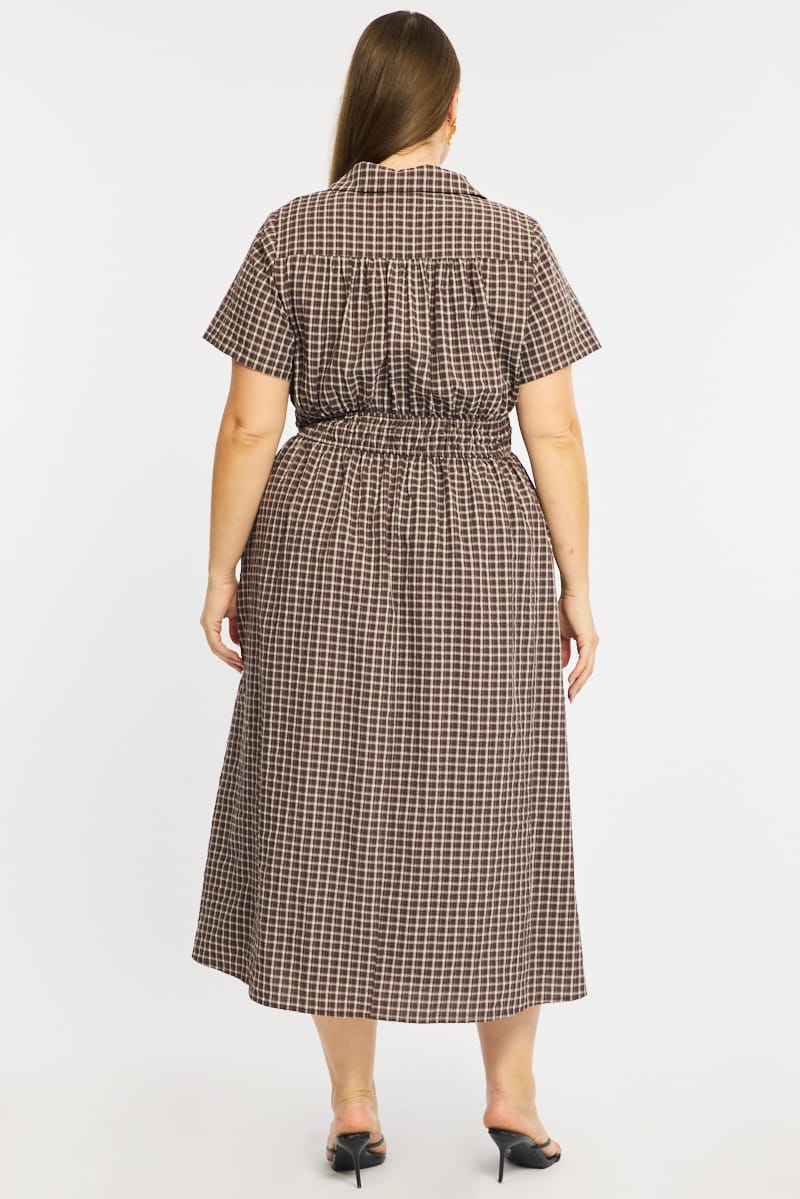 Brown Check Midi Dress Short Sleeve Shirt Detailed for YouandAll Fashion