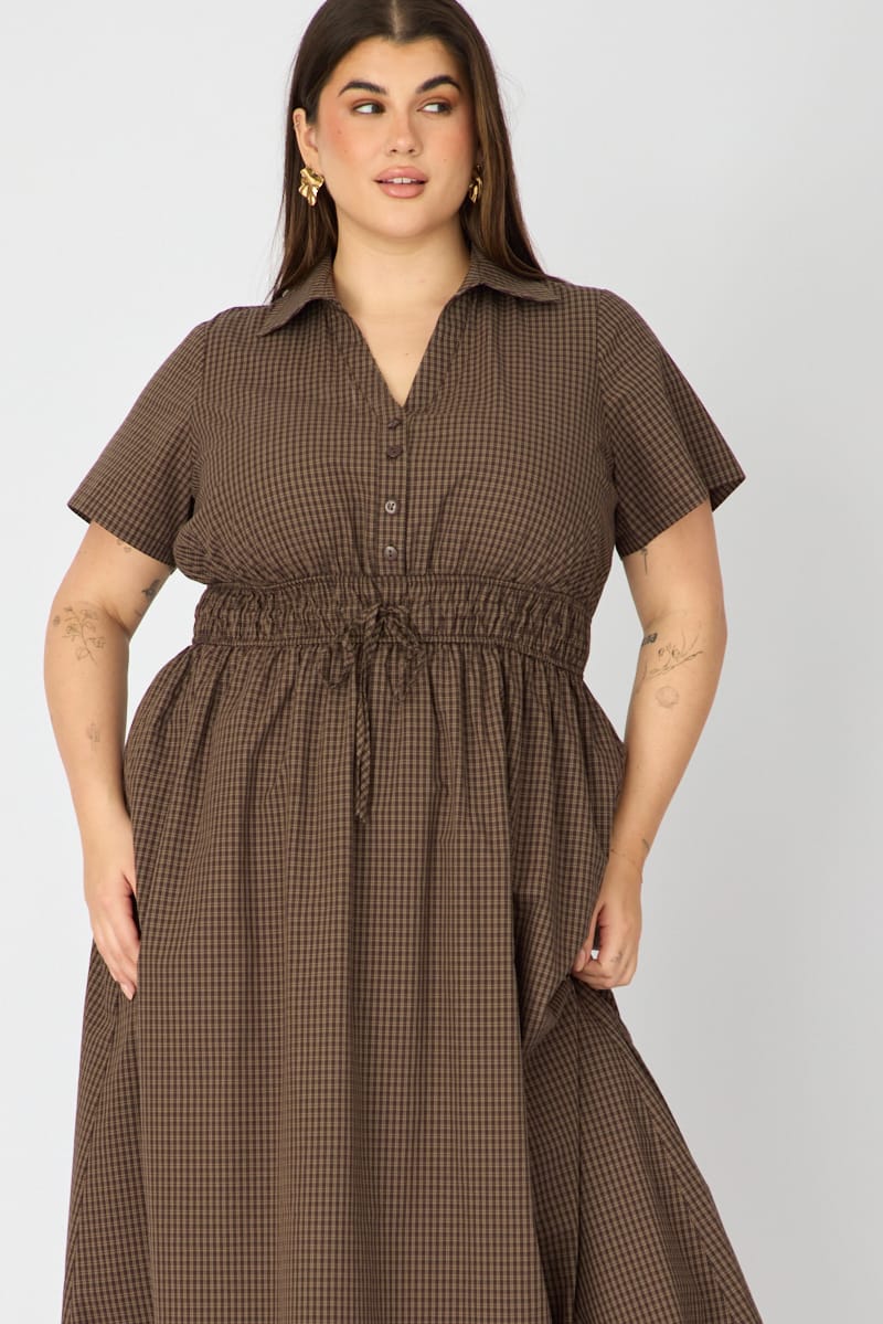 Brown Check Shirt Dress Short Sleeve for YouandAll Fashion